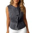 thumbnail image 2 of Women Sleeveless Tops, Denim Round Neck Asymmetric Button - Front Vest for Coffee Dates, Shopping & Art Exhibitions, 2 of 7