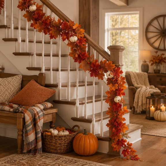 AuroraX Artificial Fall Maple Leaf Garland Thanksgiving Artificial Maple Garland Pumpkins Non-Lit Fireplace Door Fall Decor for Mantel Orange