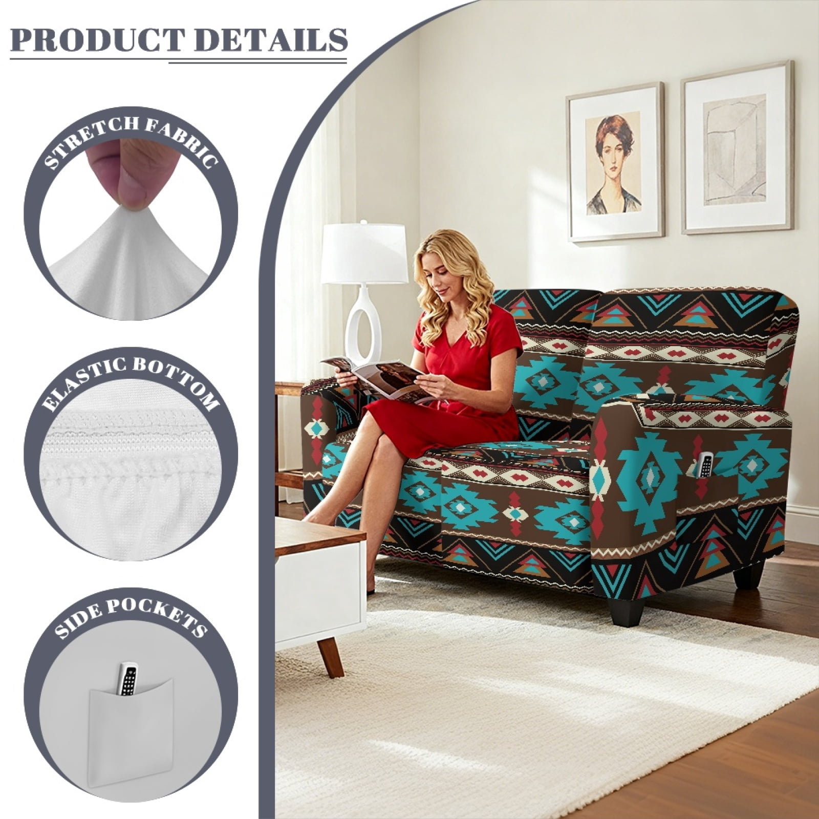 Xoenoiee Aztec American Tribal Print Stretch Loveseat Recliner Covers 6-Piece Recliner Sofa Covers with Pockets Jacquard Reclining Couch Covers Furniture Protector with Elastic Bottom