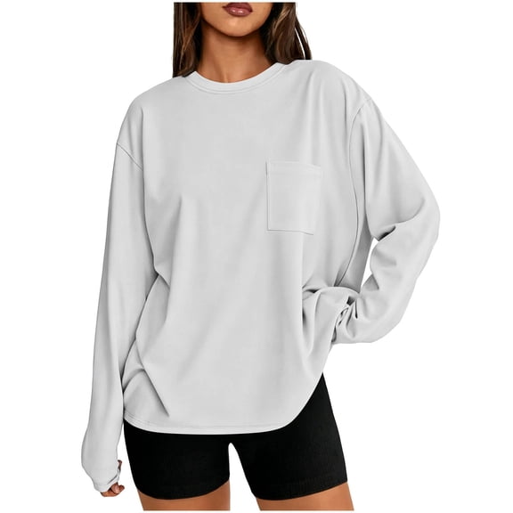 Chbgutlmr Womens Tops Long Sleeve Crew Neck Oversized T-Shirts with Pocket Casual Loose Fall Solid Color Basic Tops