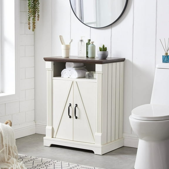 24" Farmhouse Storage Cabinet – Antique White Freestanding Buffet Sideboard with Barn Doors, Adjustable Shelf, Small Coffee Bar for Kitchen, Bathroom & Living Room