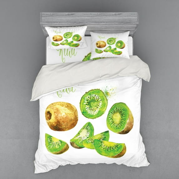 Fruit Duvet Cover Set, Whole and Sliced Kiwis Watercolor Tropical Food Exotic Vegan Options, Bedding Set with Shams and Fitted Sheet, 3 Sizes, by Ambesonne