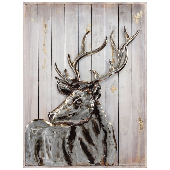 Deer 2 Hand Painted Iron Wall Sculpture on Slatted Solid Wood 3D Metal Wall Art, 40 in. x 30 in