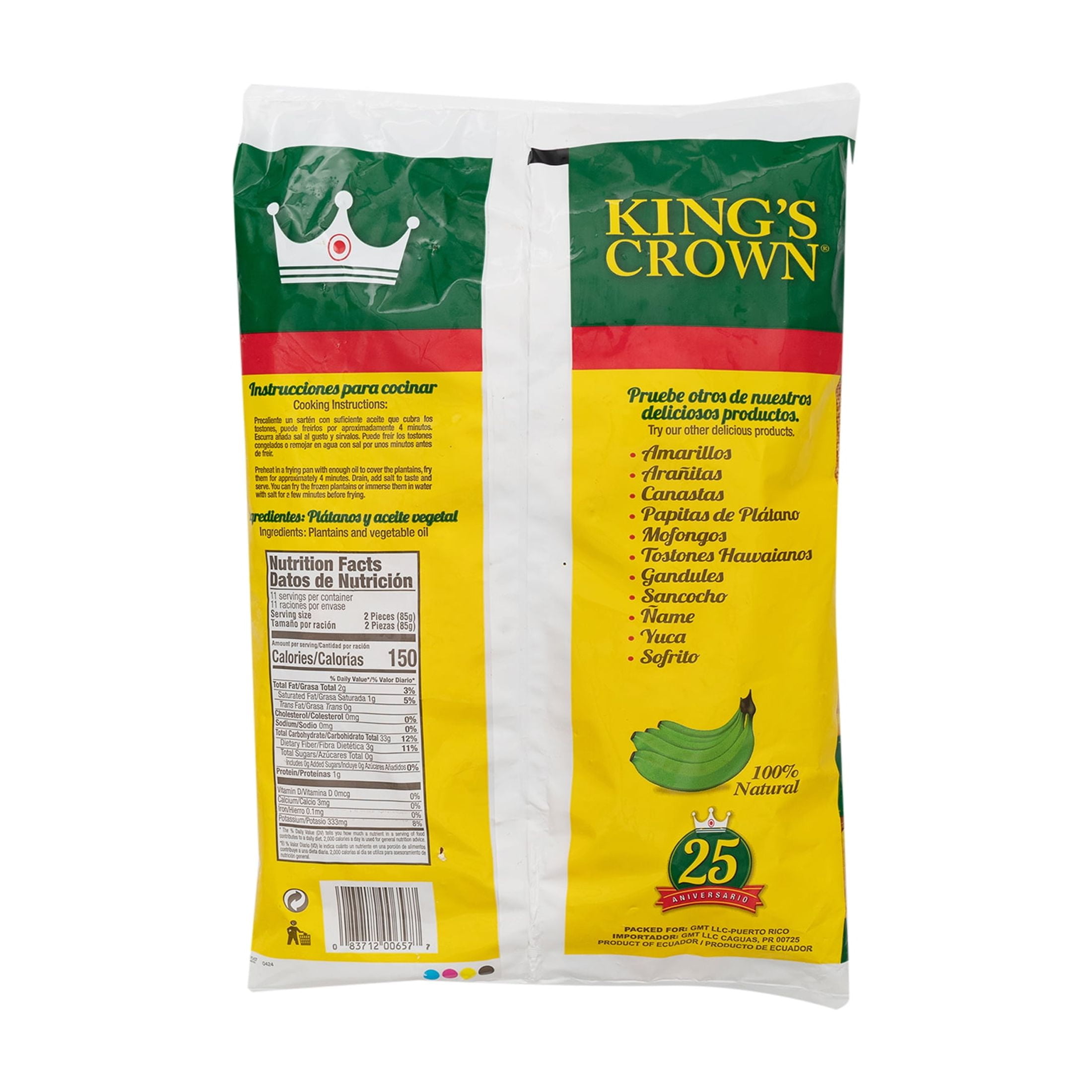 Kings Crown Foods, Green Plantains, Tostones, 2 lbs Plastic Bag (Frozen)