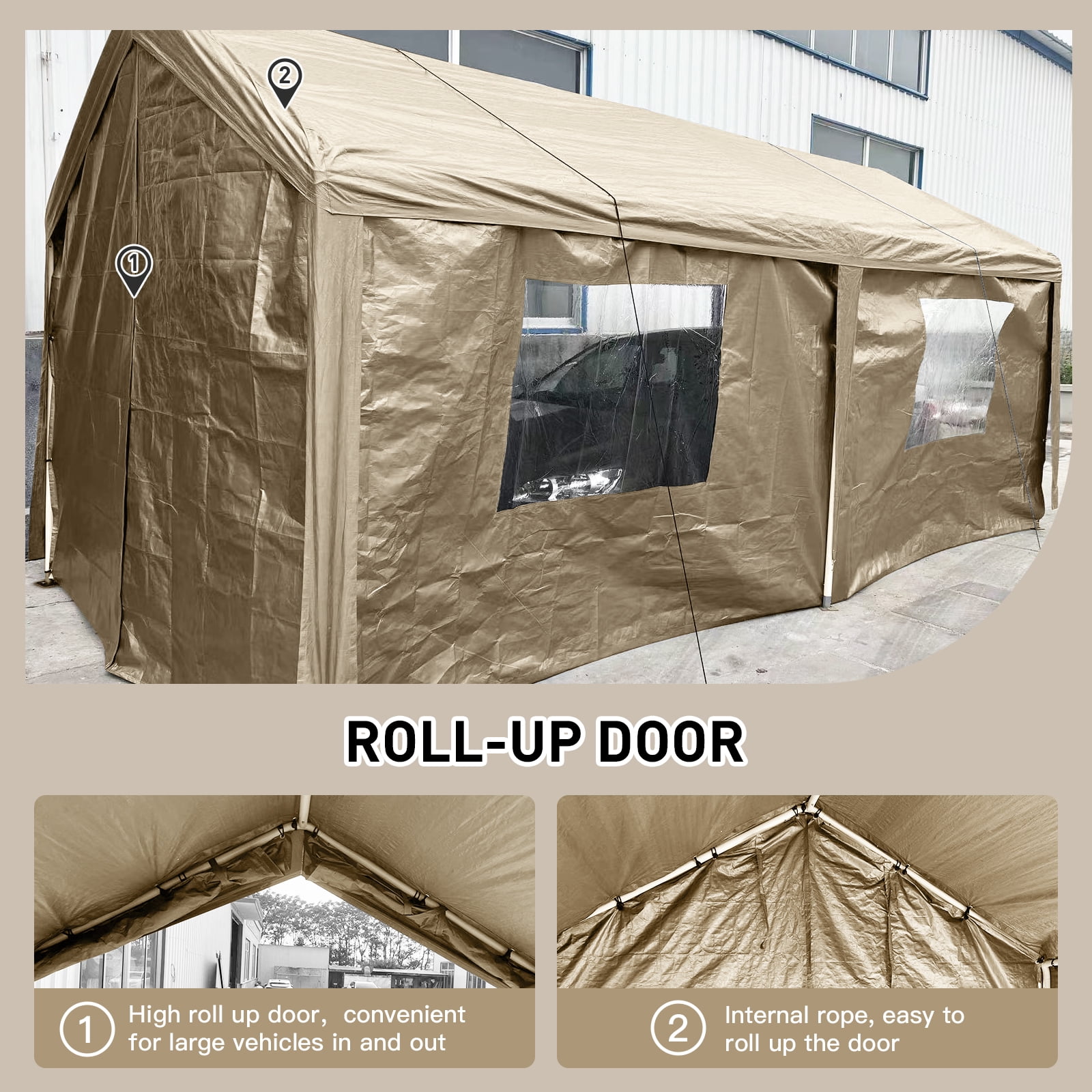 CCBEKIIM 10x20 Carport, Heavy Duty Car Port/Car Tent with Removable Sidewalls, Portable Canopy Tent for SUV, Car, Truck, Boat, Motorcycle Shelter (Beige)