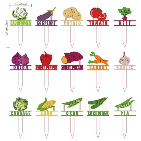 1set 15 pcs Garden Vegetable Plant Markers 15 styles Colorful Wooden Hollow Signs Fruit Plants Tags for Indoor Outdoor Greenhouse Potted Seed Herbs Patio Supplies 12x6.5cm(4.7x2.6inch)
