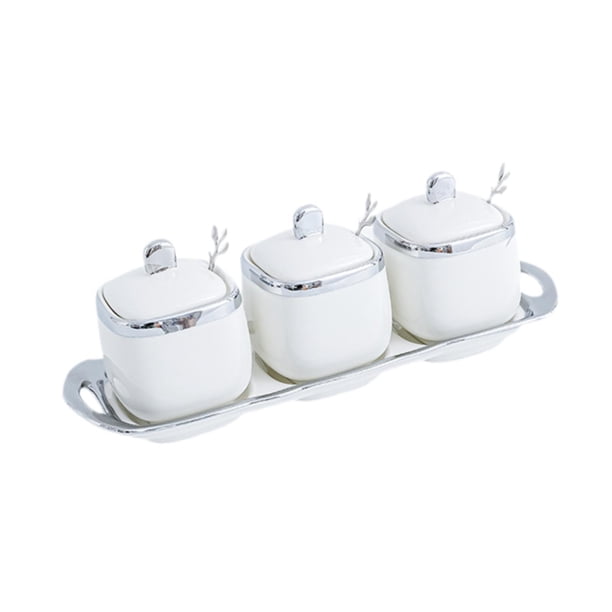 Tarros de especias de cerámica, organizador de cocina, tarro de condimentos moderno para cafetería Plata