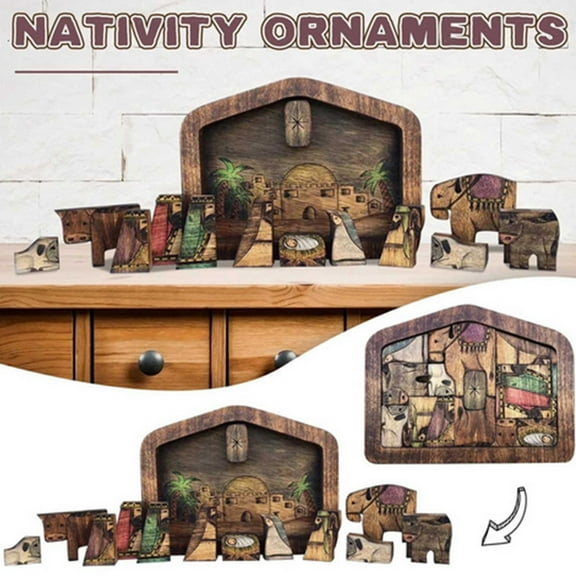 Loespoir Nativity Puzzle with Wood Burned Design, Wooden Puzzle Game with Photo Frame, Holiday Themed for Gift Giving, Decor, and Family Fun