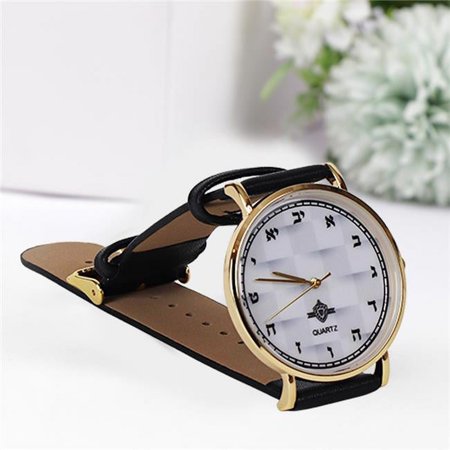 Nua 59985 Watch with Aleph Bais Handle Black-N-White Face Gold Rim