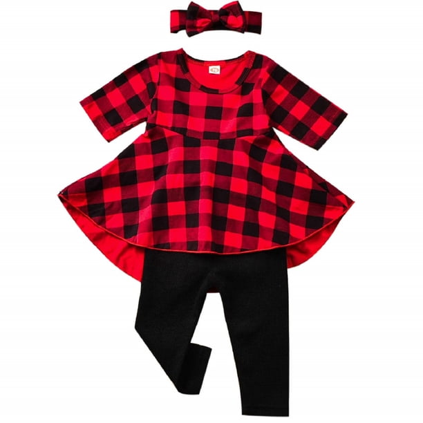 Fioukiay Conjunto De Ropa De 3 Piezas Para Bebés Y Niñas, Trajes De Navidad, Ropa De Boutique, Vestido De Túnica A Cuadros De Búfalo, Parte Superior, Polainas, Pantalones, Diadema, Conjunto De Ropa De