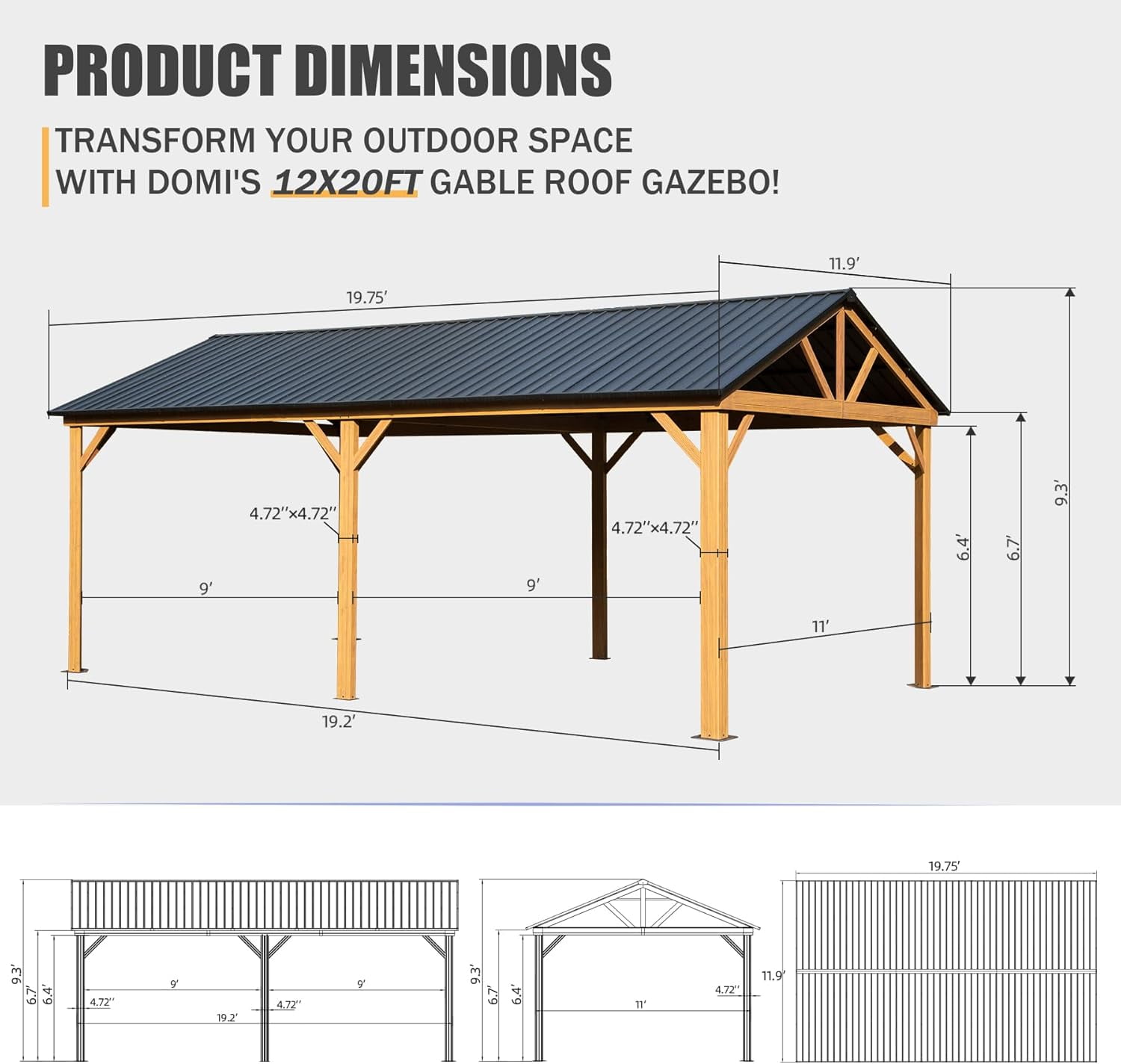 TOTAL 12' X 20' Hardtop Gazebo with Galvanized Steel Gable Roof and Wood Grain Aluminum Frame, Outdoor Permanent Gazebo Pavilion for Patio, Garden, Deck and Backyard