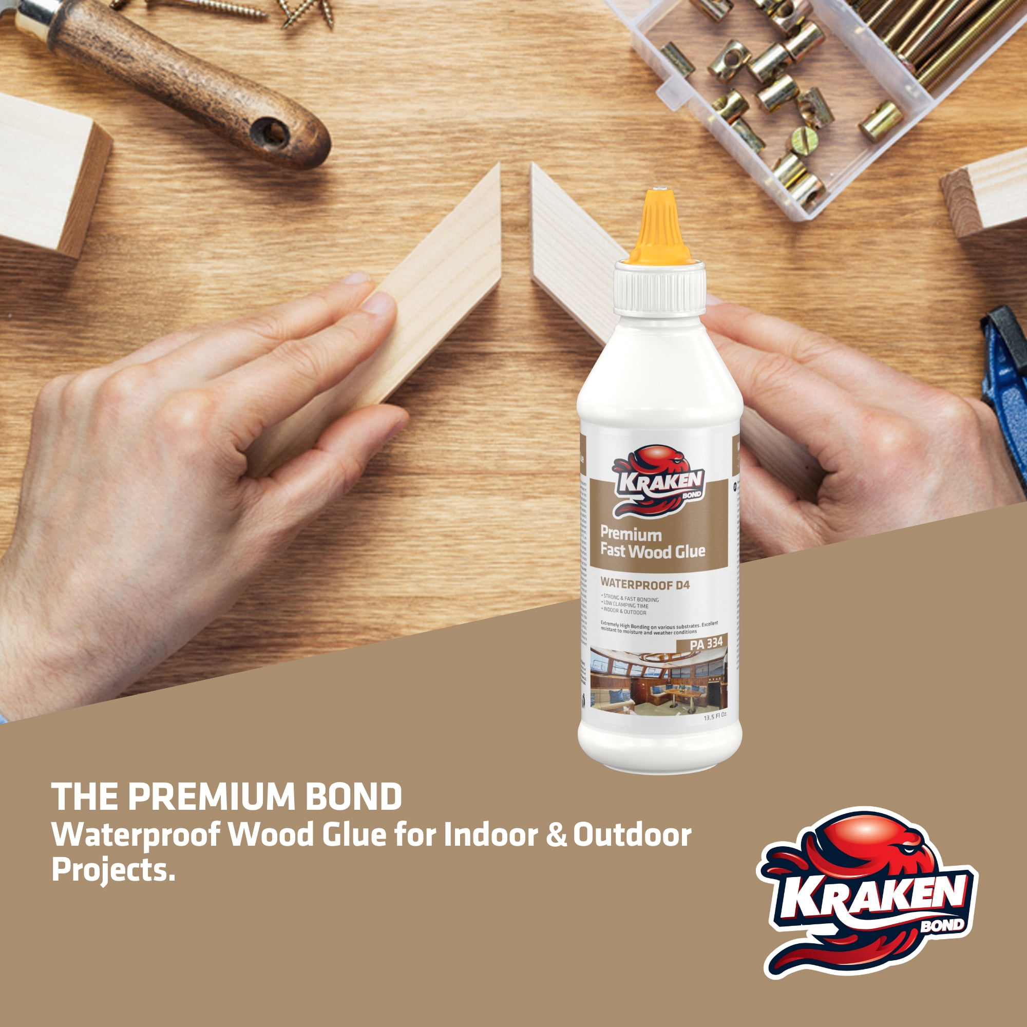 Kraken Bond D4 Premium Fast Wood Glue, Waterproof Polyurethane, 13.5 fl oz - 12 Pack