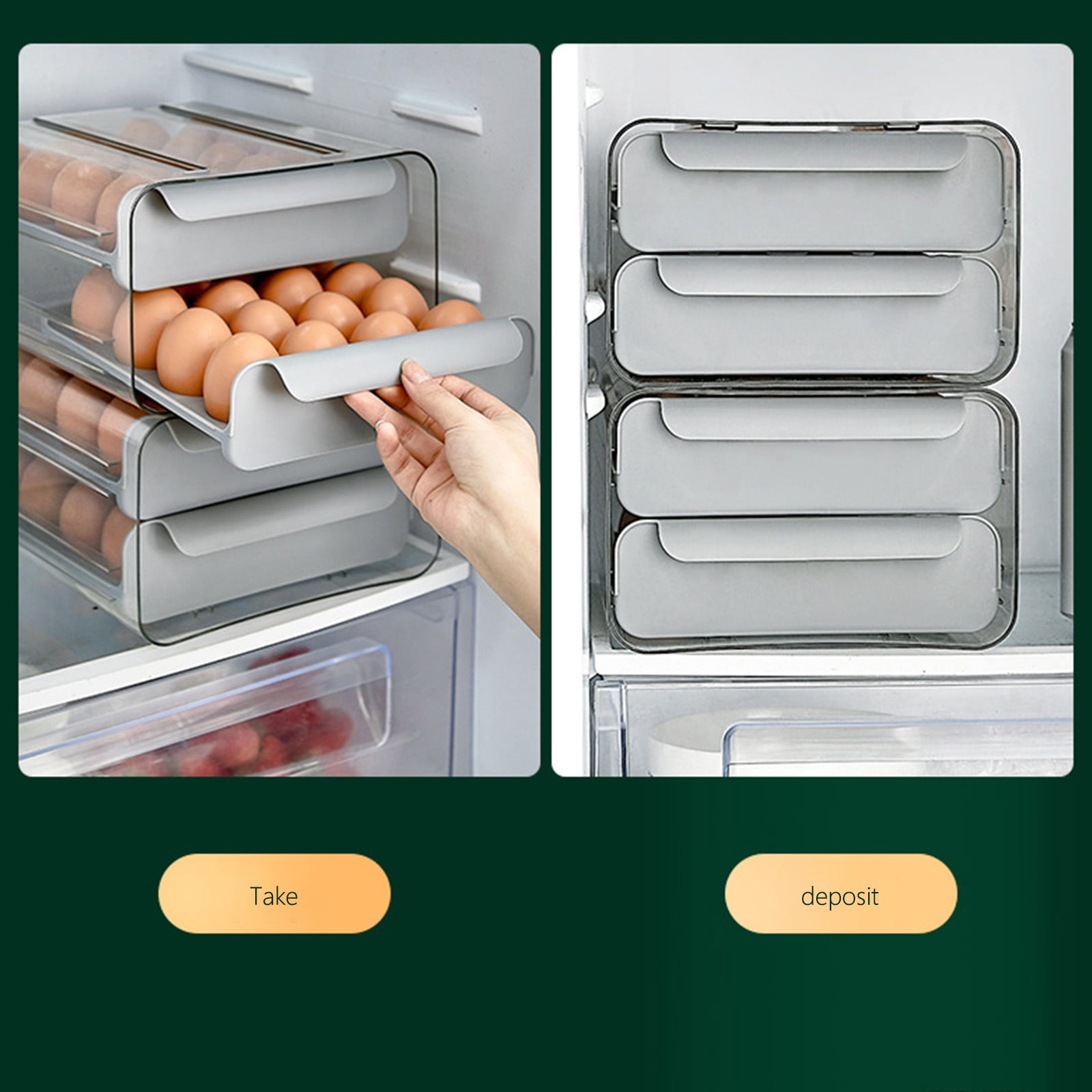 Clear Plastic Refrigerator Egg Organizer with Lid & Handle | 32 Egg Capacity | Stackable Fridge Storage Bin | 8.4x5.3x9.25 Inches, White/Green/Gray