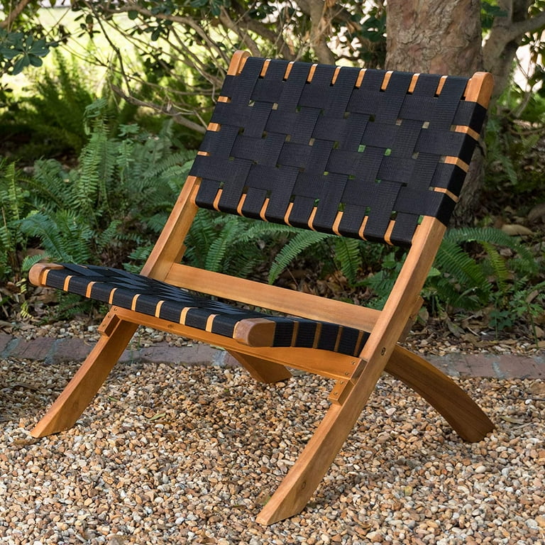 ZXNYH 62774 Sava Indoor Outdoor Folding Chair All Weather Wicker Low Slung Portable Seating Solid Acacia Wood Woven Seat Back Indoors Porch Lawn