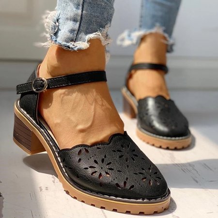 

Kunpeng Summer Women s Ladies Fashion Casual Daily Hollow Out Square Heel Leather Shoes Buckle Traps Sandals