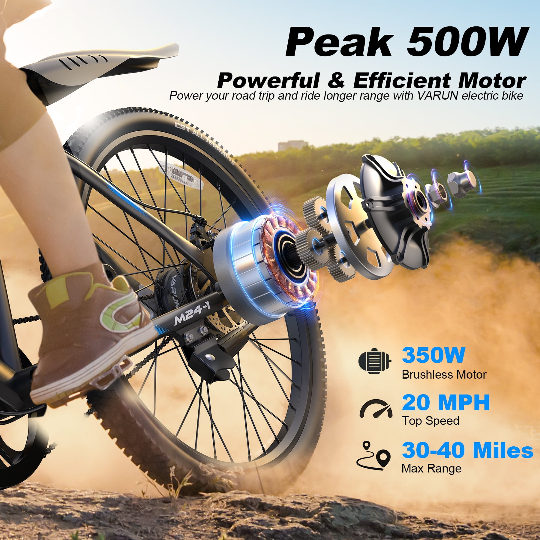 Varun Electric Bike for Adults, 24'' 500W Peak Ebike, Up to 35 Miles 20MPH Electric Mountain Bike with 36V 7.8AH Removable Battery, Fenders, Front Fork Suspension