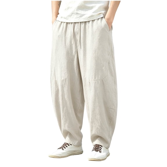 SAWOBUUN Mens Cotton Linen Harem Pants Loose Fit Wide Leg Elastic Waist Drawstring Breathable Relaxed Fit Beach Trousers