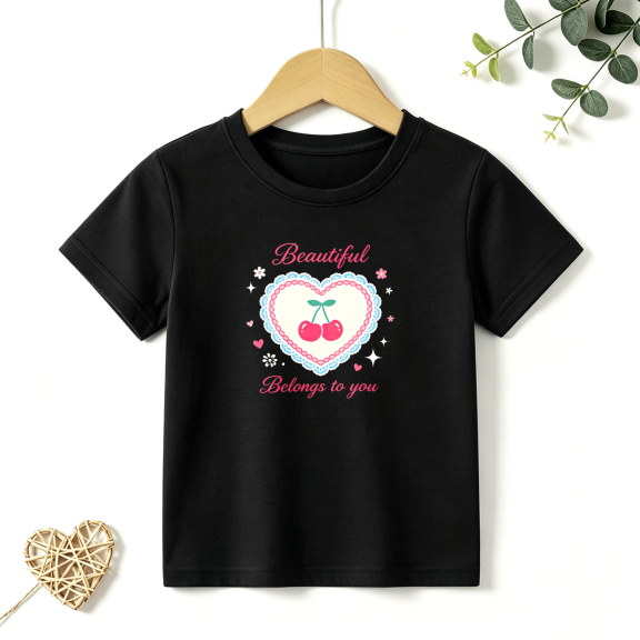 Girls Graphic Tees Heart Cherries Floral Kids T Shirt Sweet 100% Cotton Short Sleeve Soft Tops 4-13Y