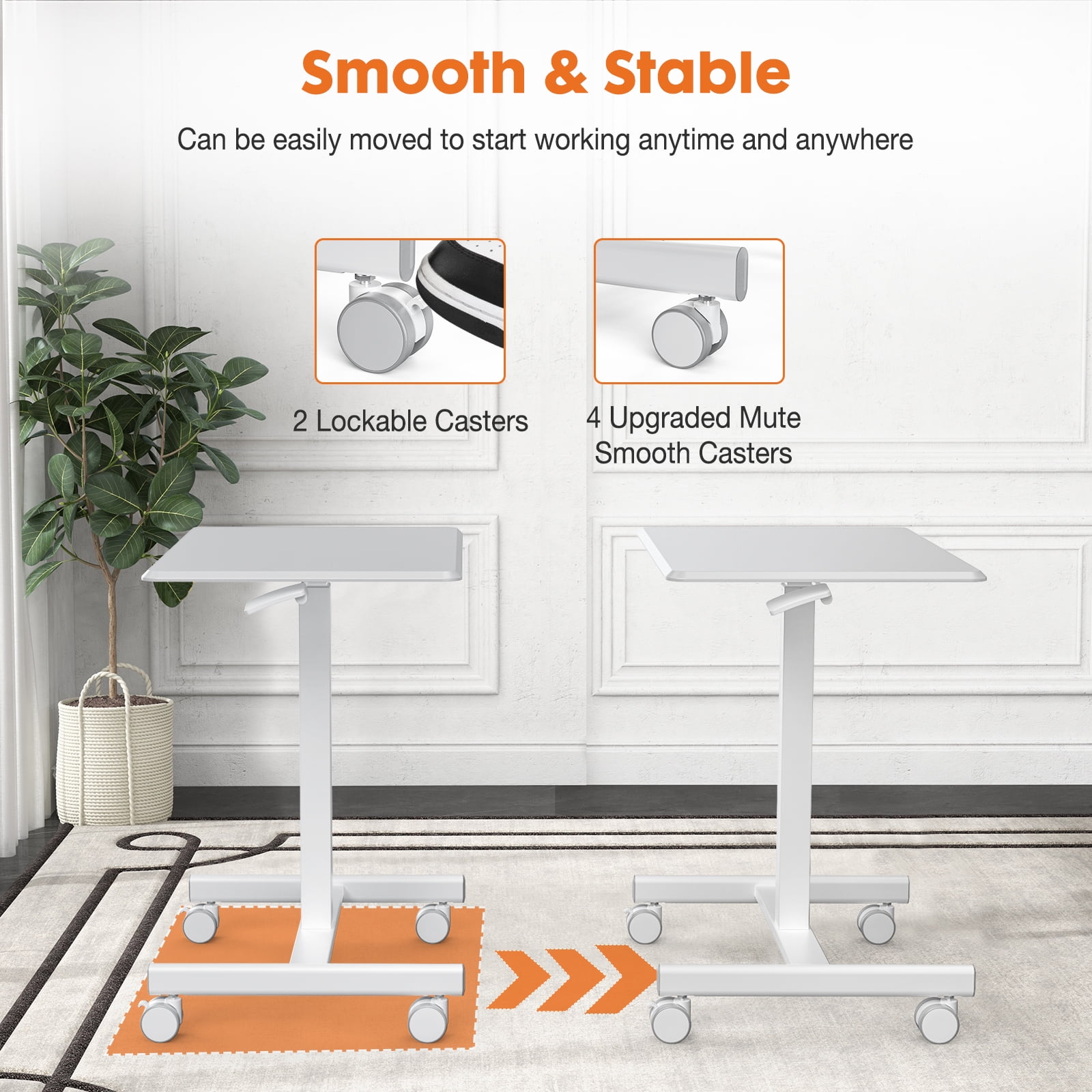 Blazezo Small Rolling Desk with Wheels, Portable Standing Desk Adjustable Height, Small Computer Desk with Lockable Casters, Compact Workstation for Home Office Use, 19 Inch Tabletop White
