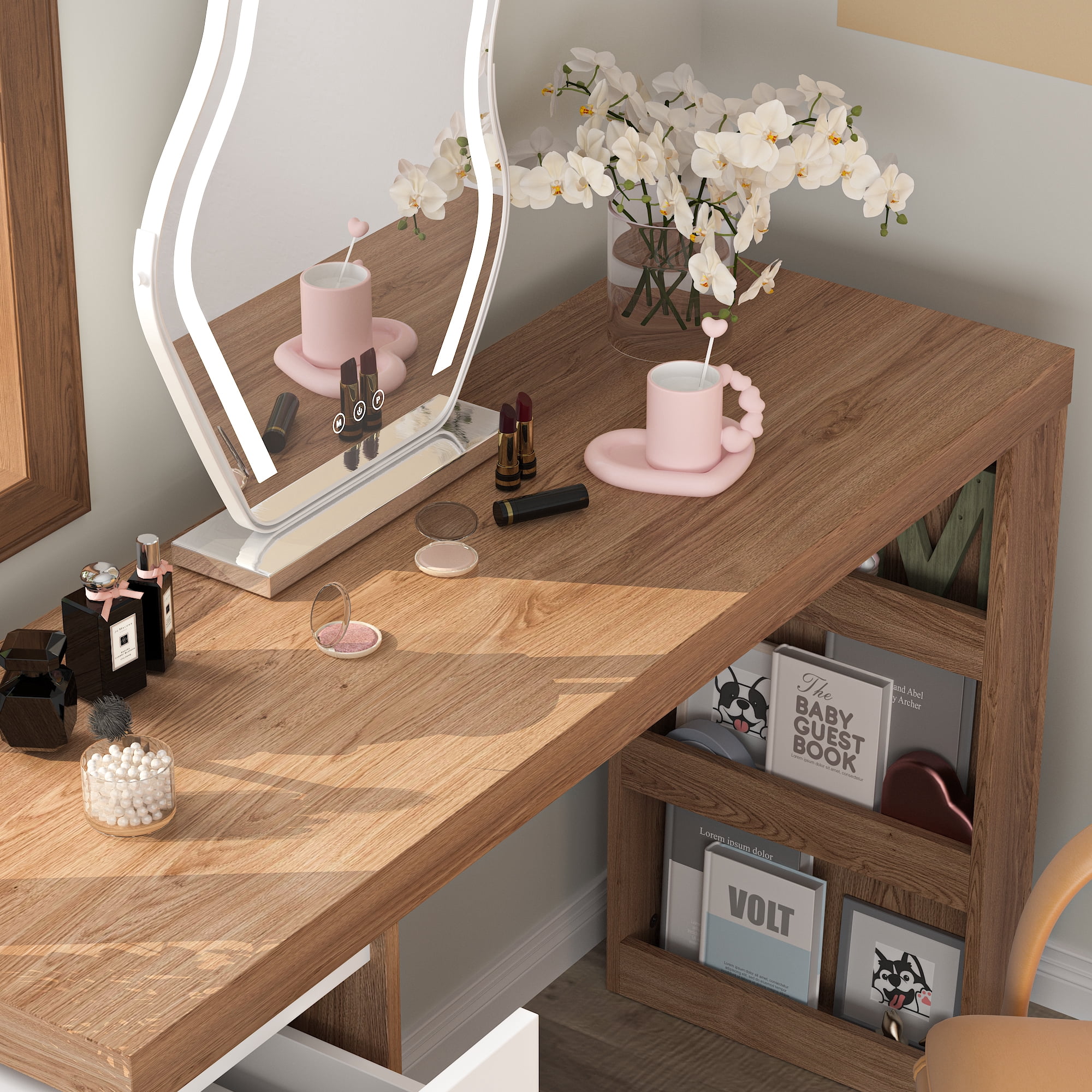 KULAGAGA L-Shaped Desk with Dresser, 3 Drawer Drawer with Shelves, White & Brown