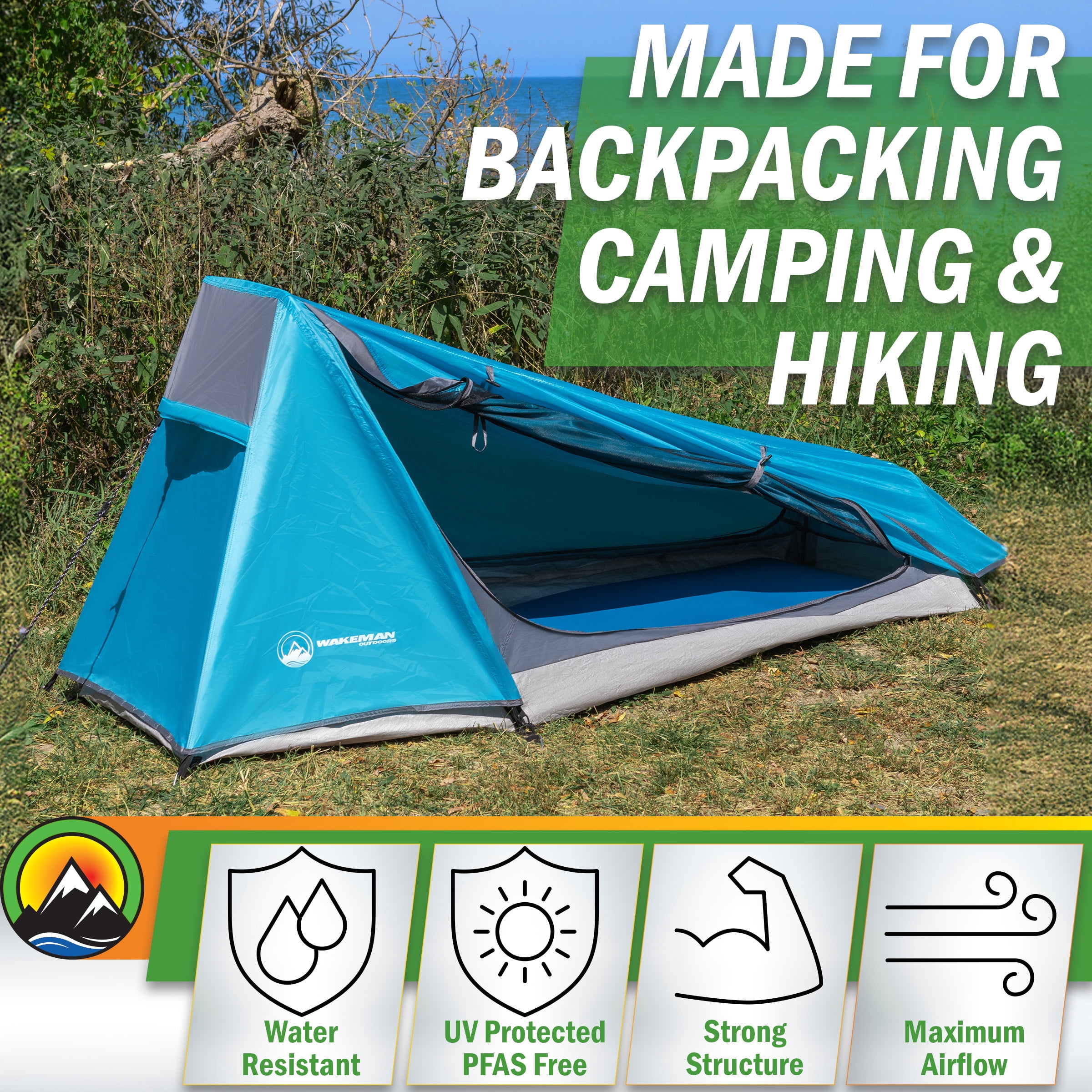 Wakeman Outdoors Single Person Tent - Ultralight 1 Person Camping Tent with Rainfly and Bag, Blue