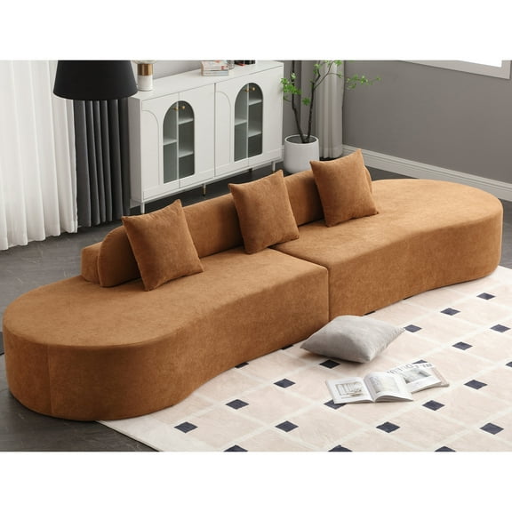 CoSoTower Modern Curved Combination Sofa, Terrycloth Fabric Sofa, Minimalist Sofa in Living Room, Apartment, No Assembly Required, Three Pillows,Browm