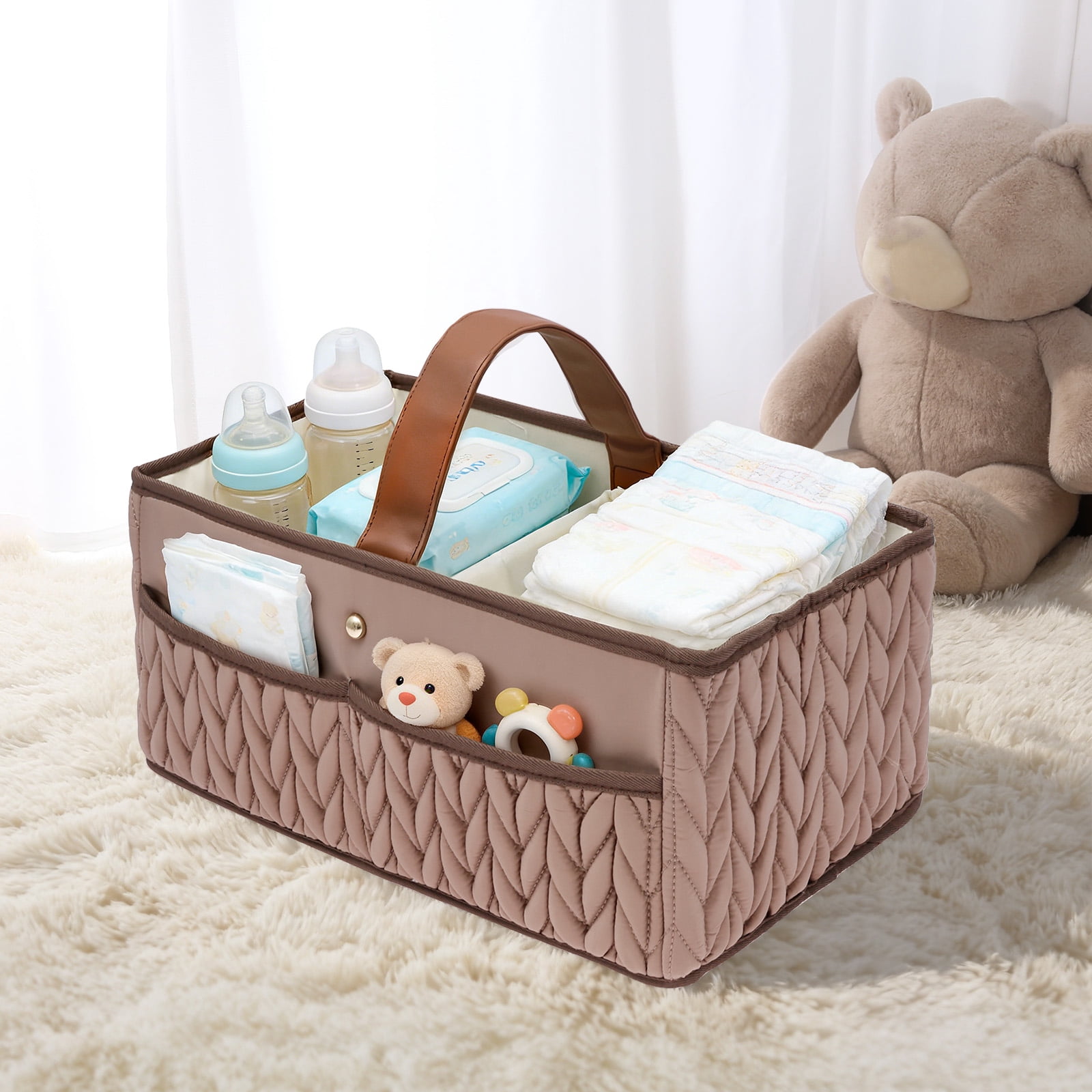 Austok Baby Diaper Caddy Organizer with Compartment Nappy Caddy with Wide Handle and Pocket for Diaper Wipe Spare Clothes Baby Essential for Changing Table Nursery Car