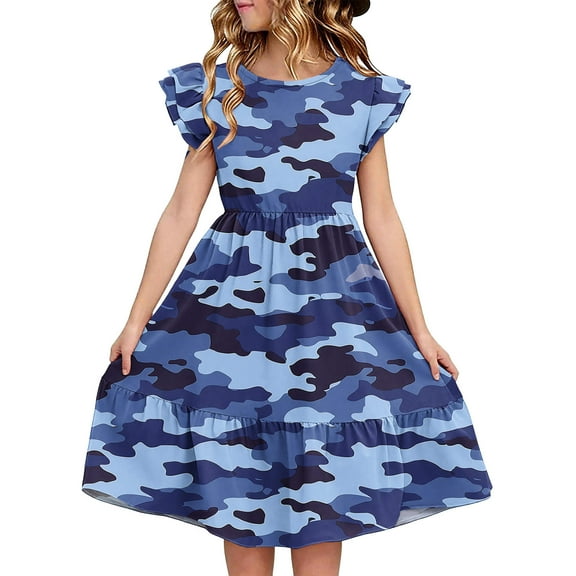 FamilyThread Girls Summer Camouflage Dresses with Ruffle Short Sleeve Casual A-Line Swing Twirly School Sundress For 5-14Y