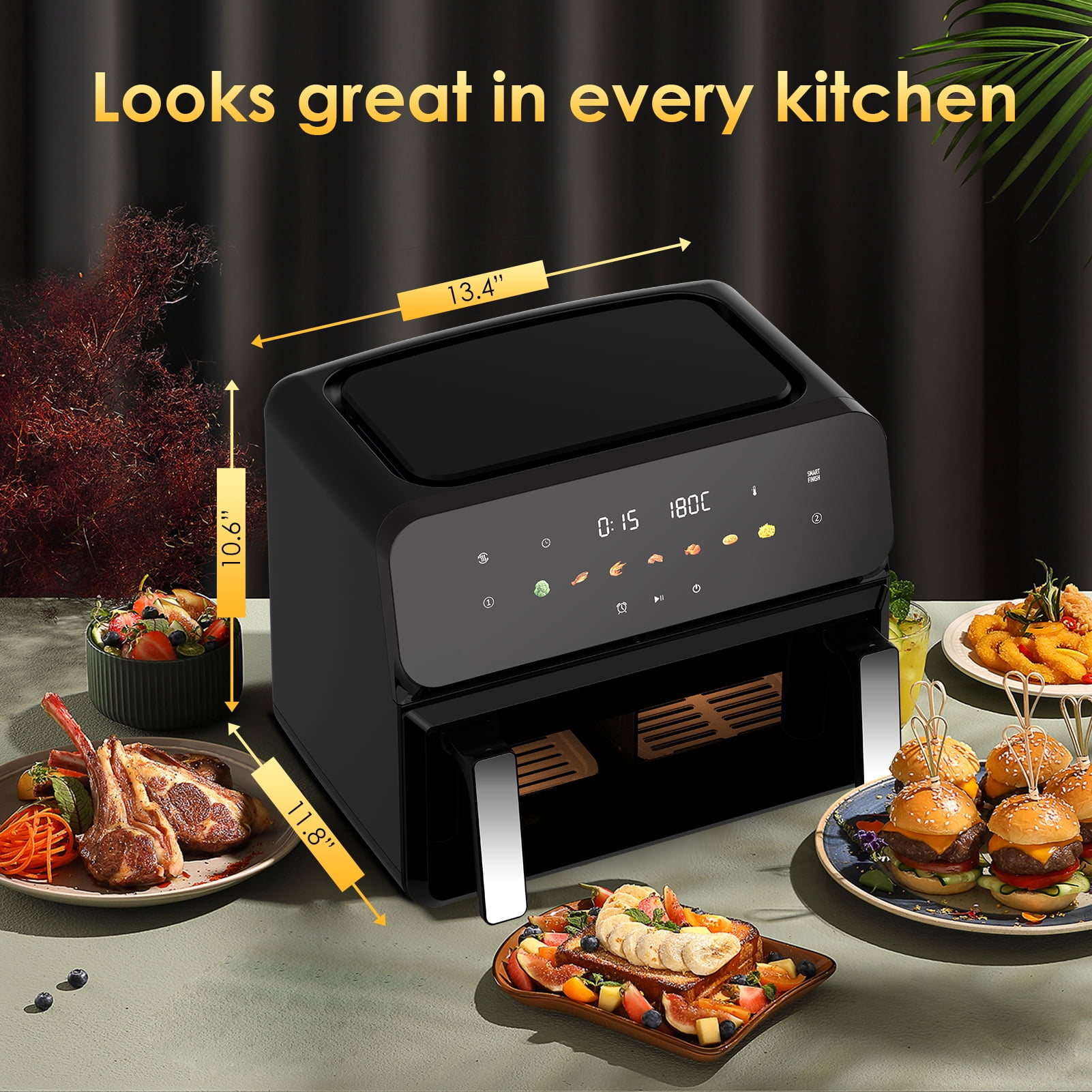 11QT Large Air Fryer, 1700W Touchscreen Air Fryer with Easy-View Window & LED Light, Digital Oven with Presets, Non-Stick & Dishwasher Safe, Perfect for 4-6 Family Meals, Black