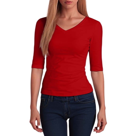 VNKIDY Women's T-Shirt Slim Fit V Neck Half Sleeve Tees Solid Color Stretch Layer Top For Office Casual Daily Outdoor Wear Trendy Top