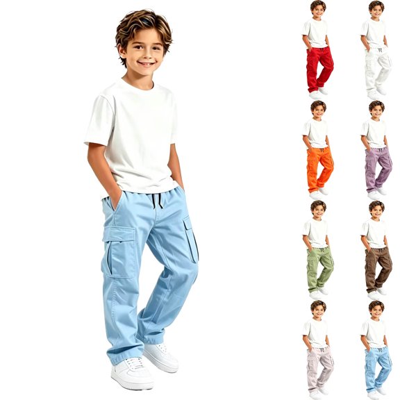 DJDLJWCJ Teen Boys Cargo Pants Elastic Waist Straight Leg School Uniform Pants Multi Pockets Comfortable Long Pants Blue Size 12