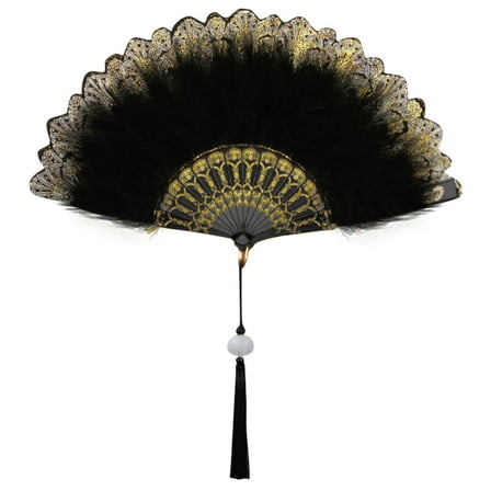 Black Feather Folding Hand Fan with Flower Painting – Elegant Vintage Dance Fan, Costume Accessory, Stage Performance & Gift