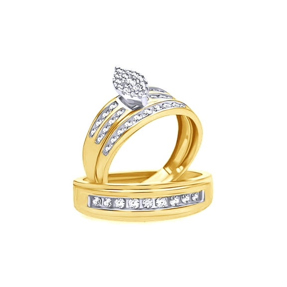 White Natural Diamond Engagement & Wedding Trio Bridal Ring Set In 10k Yellow Gold (1 Cttw)