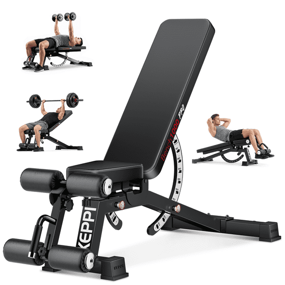 Keppi Fitness Adjustable Weight Bench, 1200 LBS Heavy Duty Commercial Grade Workout Bench for Home Gym, Incline Decline Flat Strength Training Bench with Removable Foot Catch