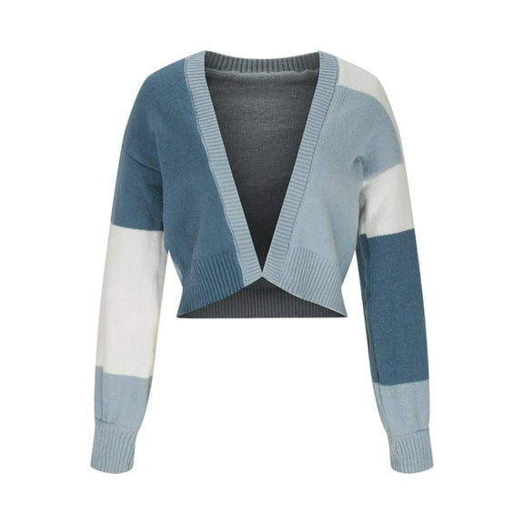 Ahdbta Women's Cardigans Sweaters Open Front Casual Cropped Outwears Color Block Long Sleeve Soft Comfy Cable Knitted Jackets