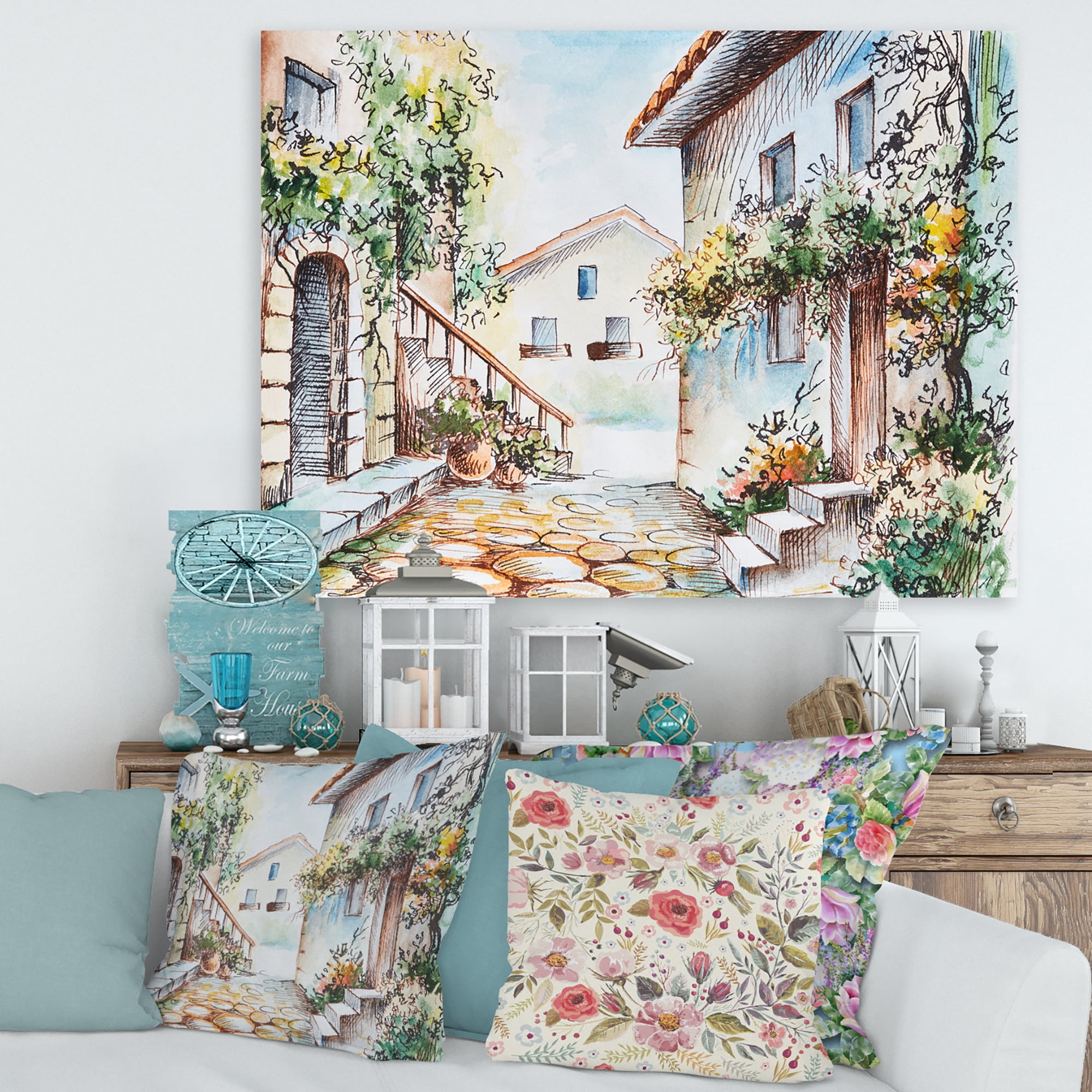 Designart ' Sunny Day At The Vintage City Cozy Street ' Traditional Canvas Wall Art Print