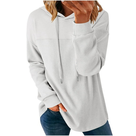 OHMZYZO Womens Hoodie Sweatshirt Waffle Knit Drawstring Hooded Pullover Top Casual Loose Lightweight Sweatshirt with Pockets