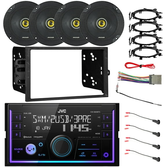 JVC KW-X855BTS Double DIN USB/AUX Bluetooth AM/FM Stereo Receiver, 4x Kicker CSC65 6.5" 300W Car Speakers w/Adapters, Radio   Speaker Harness, Antenna Adapter, Install Kit For Select 95-Up GM Vehicles