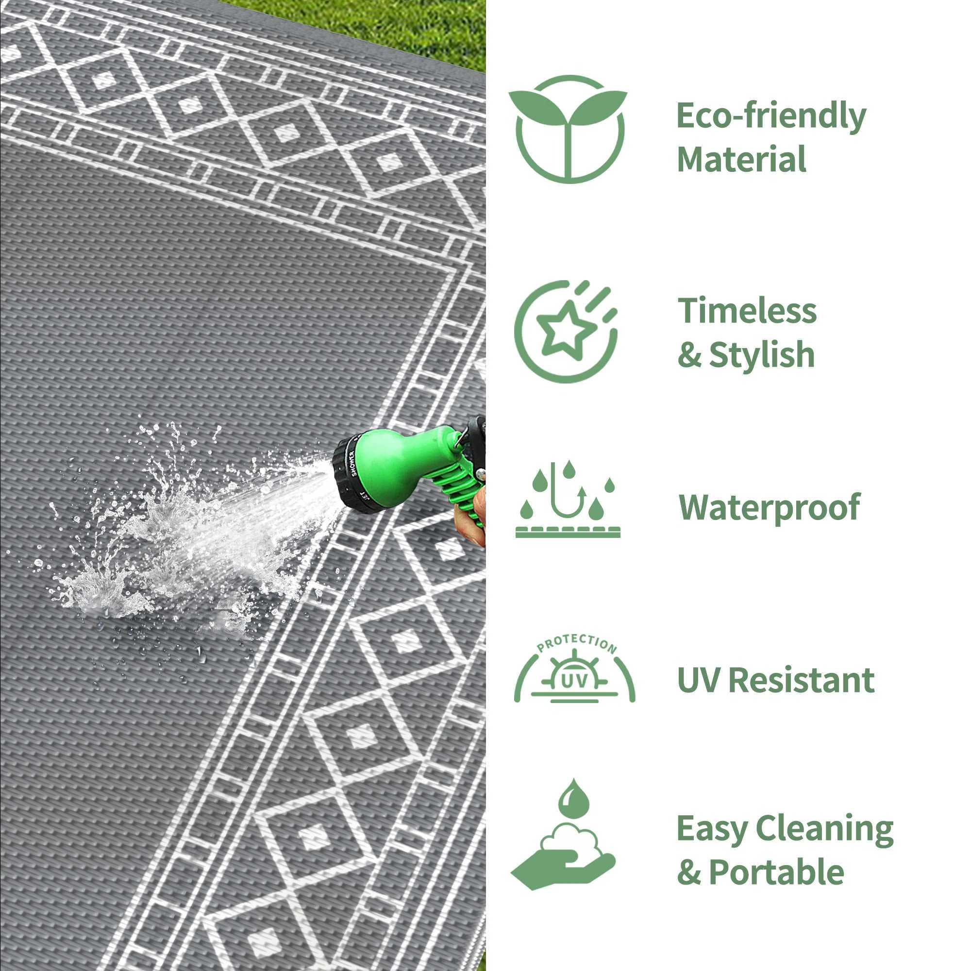 DEORAB Outdoor Rugs Waterproof Plastic Straw Camping Carpet Reversible Patio Outside Mat 9'x12',Grey & White