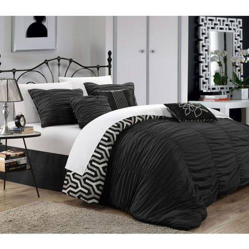 Chic Home Lester 11-Piece Reversible Ruffled Set, Queen, Black ...