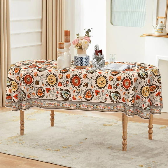 Oval Tablecloth 52x70 Inch, Vintage Boho Floral Oval Table Cloth, Waterproof Wrinkle Free Oval Table Cover for Indoor Outdoor Kitchen Dinning Room