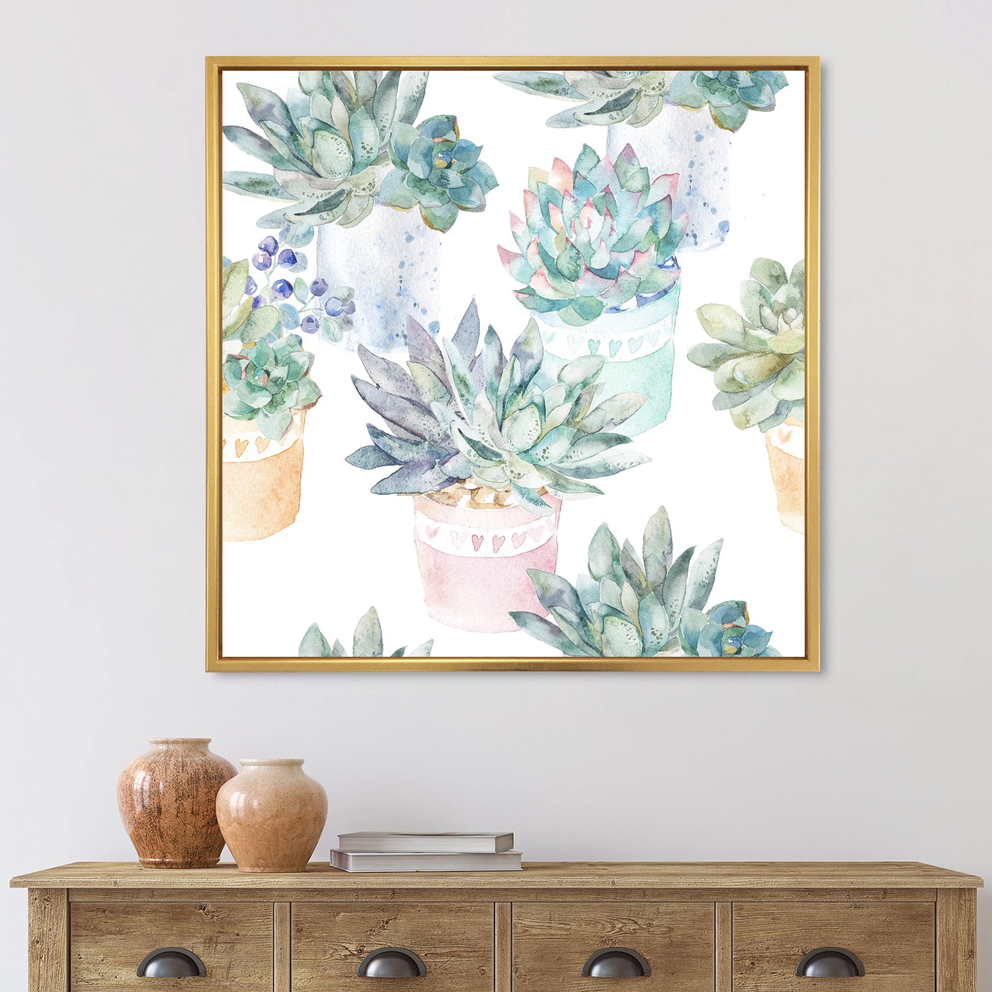 Designart 'Pastel Toned Succulent Housplants in Flowerpots' Traditional Framed Canvas Wall Art Print