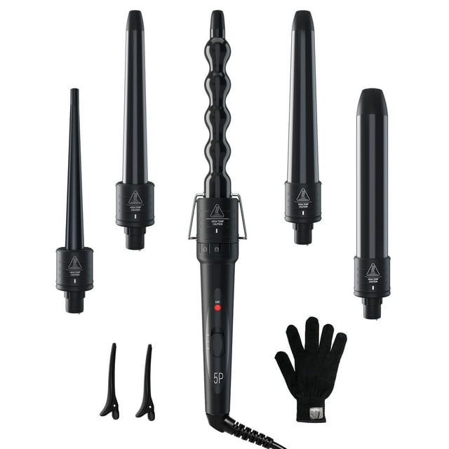 5 in 1 Curling Iron Wand Set, Ohuhu Upgrade Curling Wand 5Pcs 0.35 to 1.25 Inch Interchangeable Ceramic Barrel Heat Protective Glove, Dual Voltage Hair Crimper for All Hair Type,