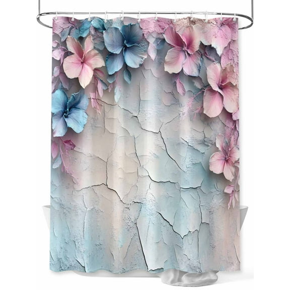 Fsddascl Pink Blue Flower Shower Curtain Set - 60" x 72" Washable Bathtub Curtain with 12 Hooks, Retro Mottled Walls Pastoral Country Waterproof Fabric Stall Shower Curtains for Bathroom/Bathtub