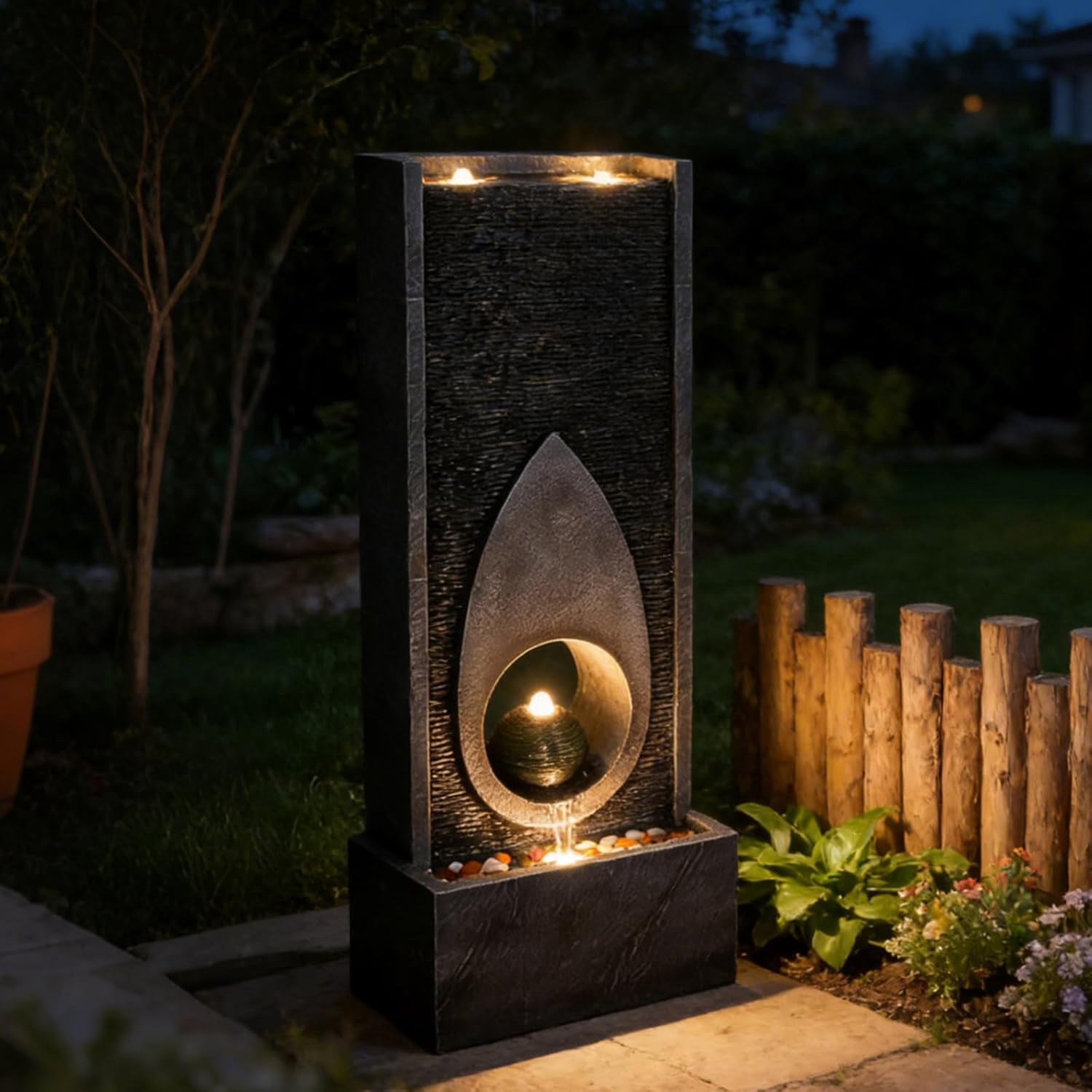 46.5’’Tall Modern Water Fountain Indoor Outdoor Waterfall Feature Floor Standing with Sphere and LED Lights for Garden, Yard, Patio, Deck, Porch, Livingroom Decor