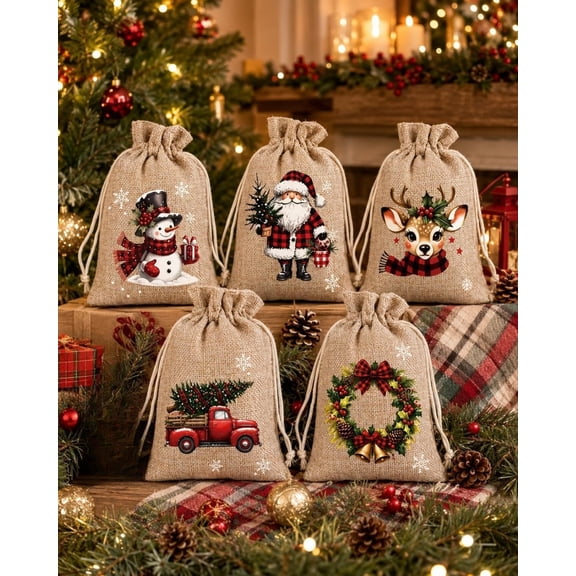 Christmas Drawstring Gift Bags, Small Festive Prints Treat Candy Burlap Bags, Durable Fabric, 3.9 X 5.9 Inches