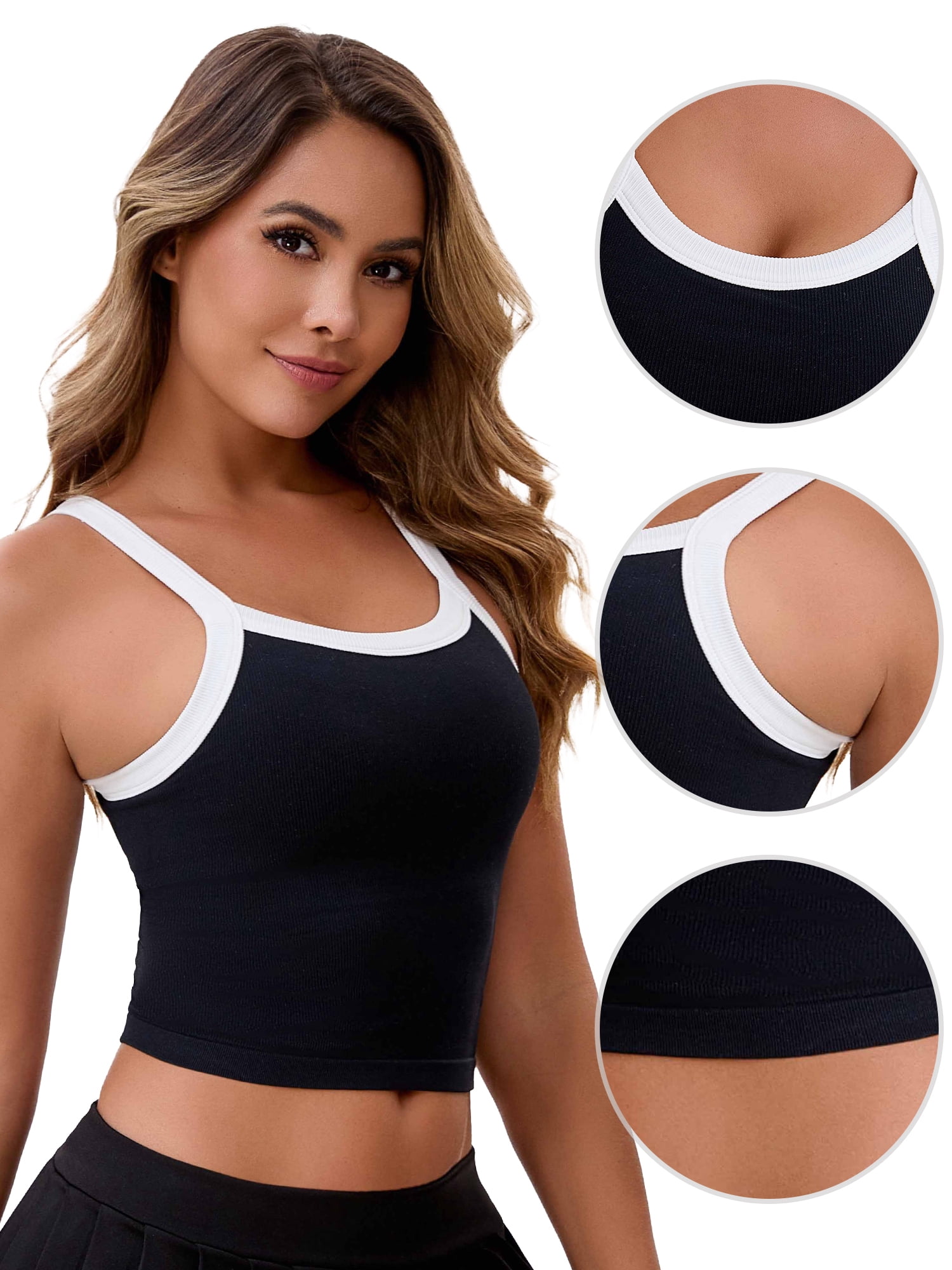 Unique Bargains Women's Spaghetti Strap Contrast Color Cropped Camisole S Black
