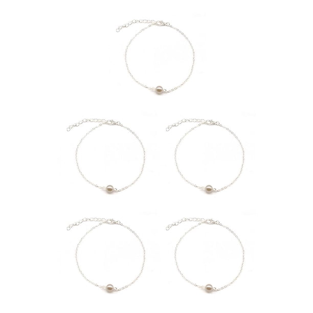 Sonducket Tobilleras Elegante Aleación de oro universal Perlas falsas Accesorios estéticos simples Adornos para los pies Pulseras de tobillo Plata plata 5piezas Sonducket CBP253061