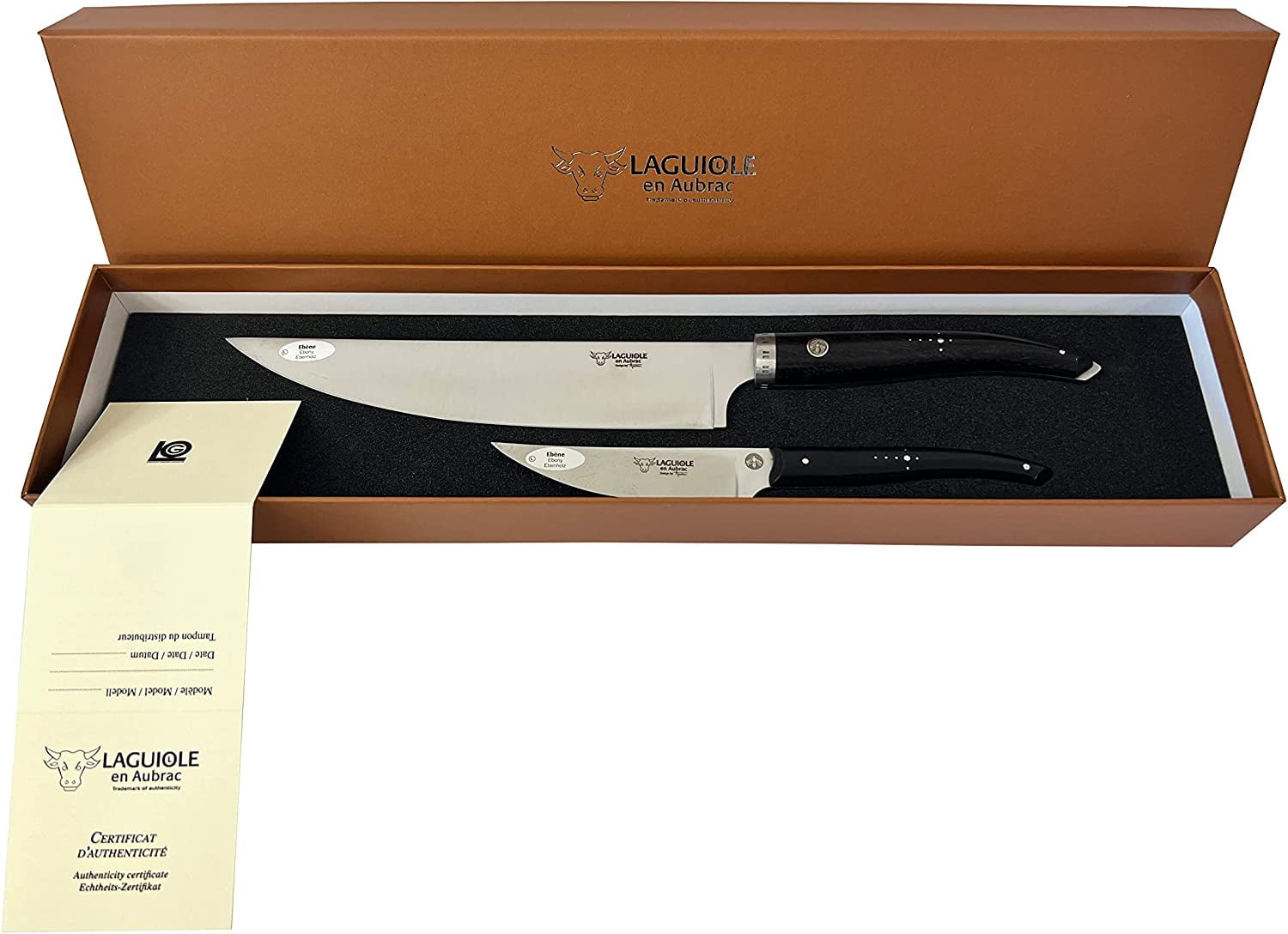 Laguiole en Aubrac Cuisine Gourmet Stainless Fully Forged Steel Made In France Essential 2-Piece Premium Kitchen Knife Set With Ebony Wood Handles, 8-Chef Knife And 4-in Paring Knife