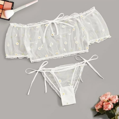 

UDAXB Lingerie Women Embroidery Lace Bowknot Strapless Bra Thong Set Sleepwear Pajamas Lingerie